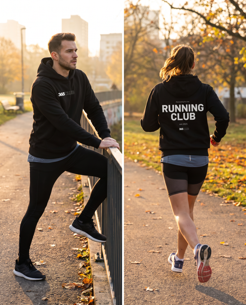 Running club hoodie lifestyle.